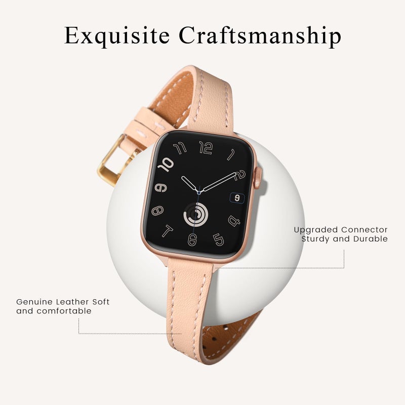 STIROLL Slim Leather Bands Compatible with Apple Watch Band 38mm 40mm 42mm 44mm, Top Grain Leather Watch Thin Wristband for iWatch SE Series 6/5/4/3/2/1 (Pale pink with Rose Gold, 38mm/40mm) - Image 2